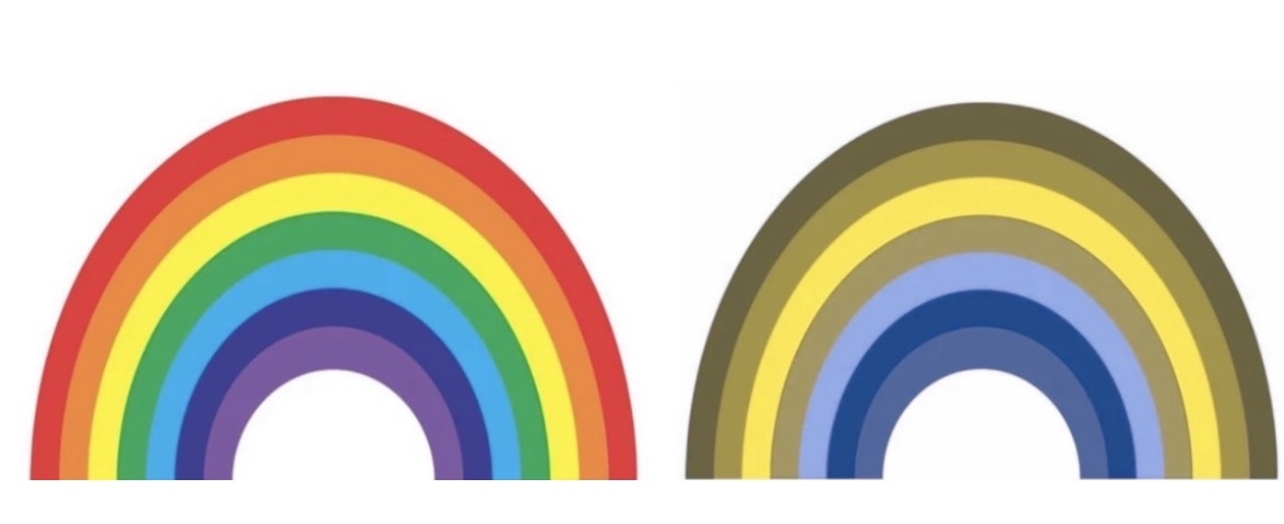 Rainbow comparison showing standard color vision on the left and a deuteranopia reference on the right